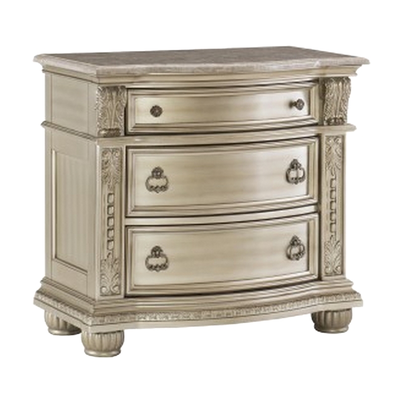 Bowery Hill 4 Piece Queen Sleigh Bedroom Set with Marble Tops in Silver