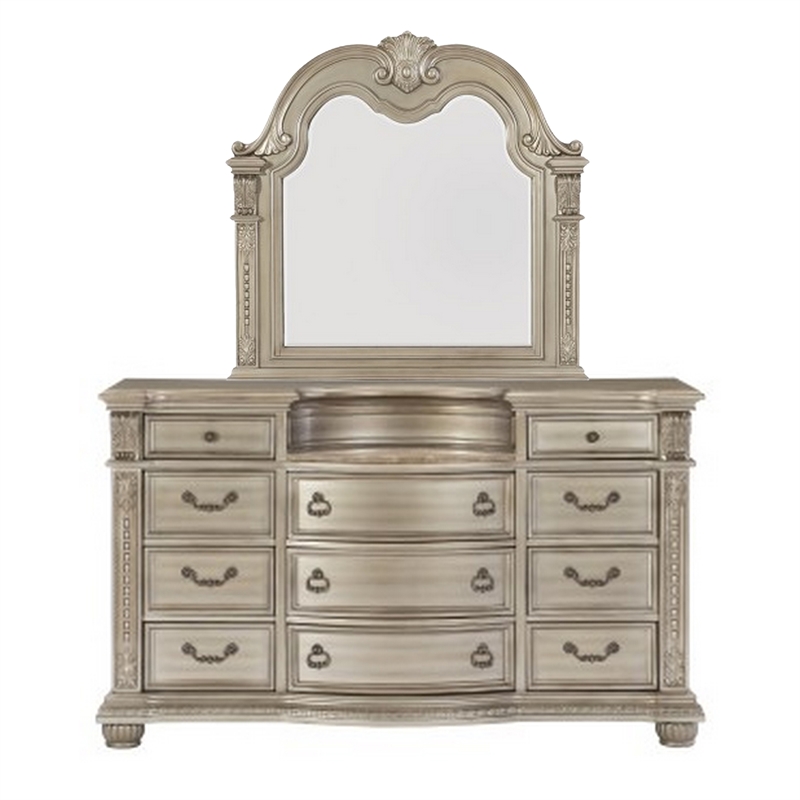 Bowery Hill 4 Piece Queen Sleigh Bedroom Set with Marble Tops in Silver