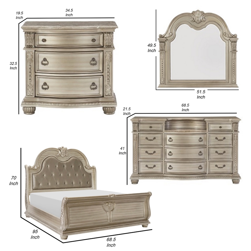 Bowery Hill 4 Piece Queen Sleigh Bedroom Set with Marble Tops in Silver