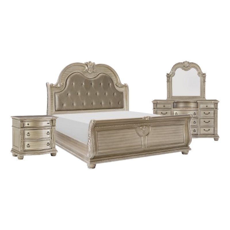 Bowery Hill 4 Piece Queen Sleigh Bedroom Set with Marble Tops in Silver