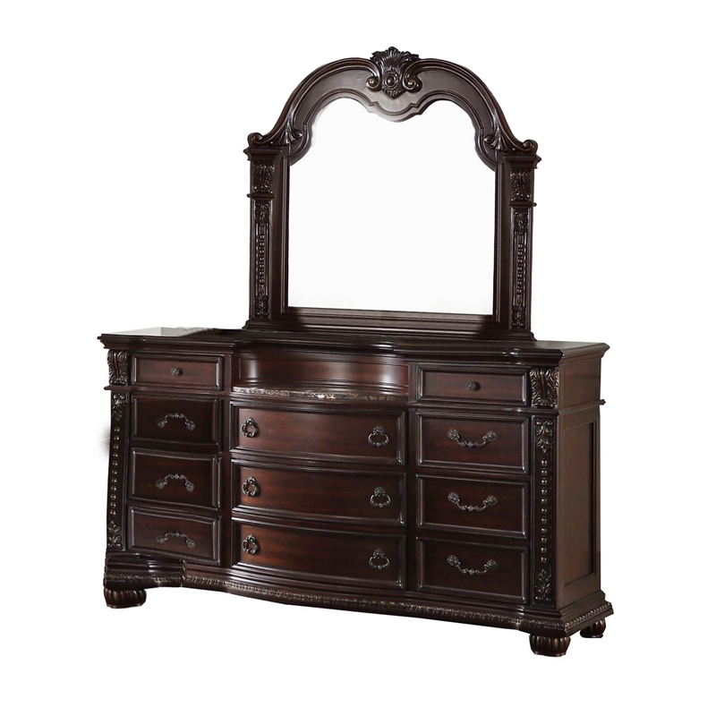 Bowery Hill 4 Piece Queen Sleigh Bedroom Set with Marble Tops in Brown