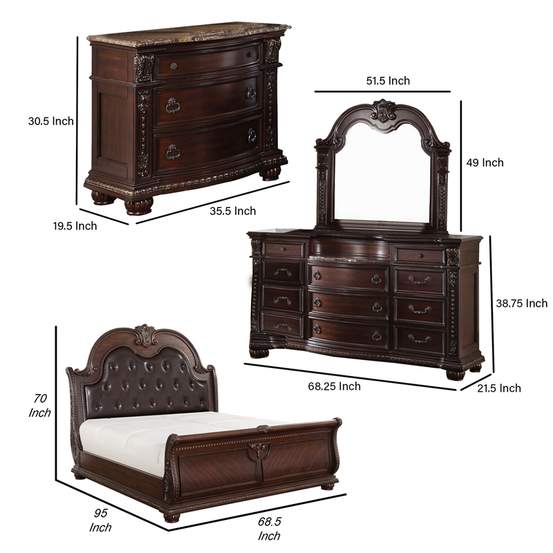 Bowery Hill 4 Piece Queen Sleigh Bedroom Set with Marble Tops in Brown