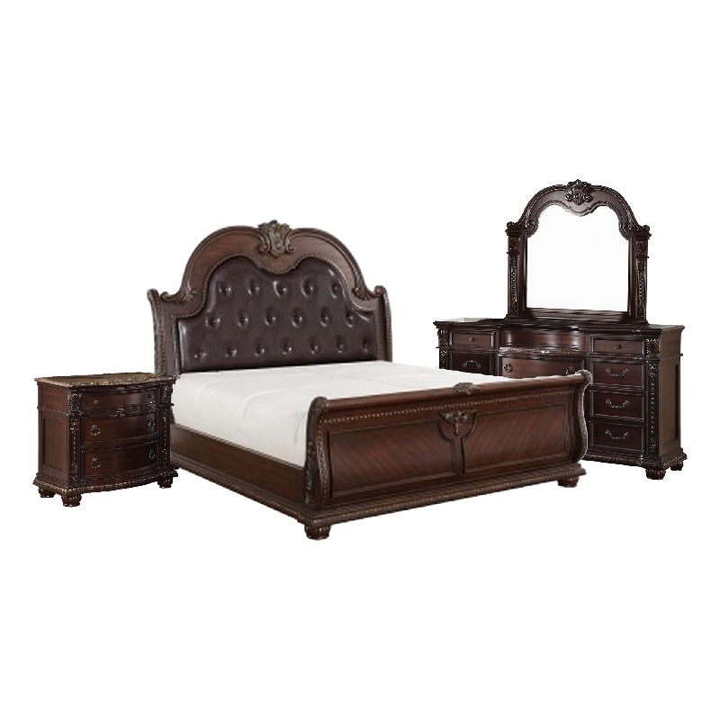 Bowery Hill 4 Piece Queen Sleigh Bedroom Set with Marble Tops in Brown