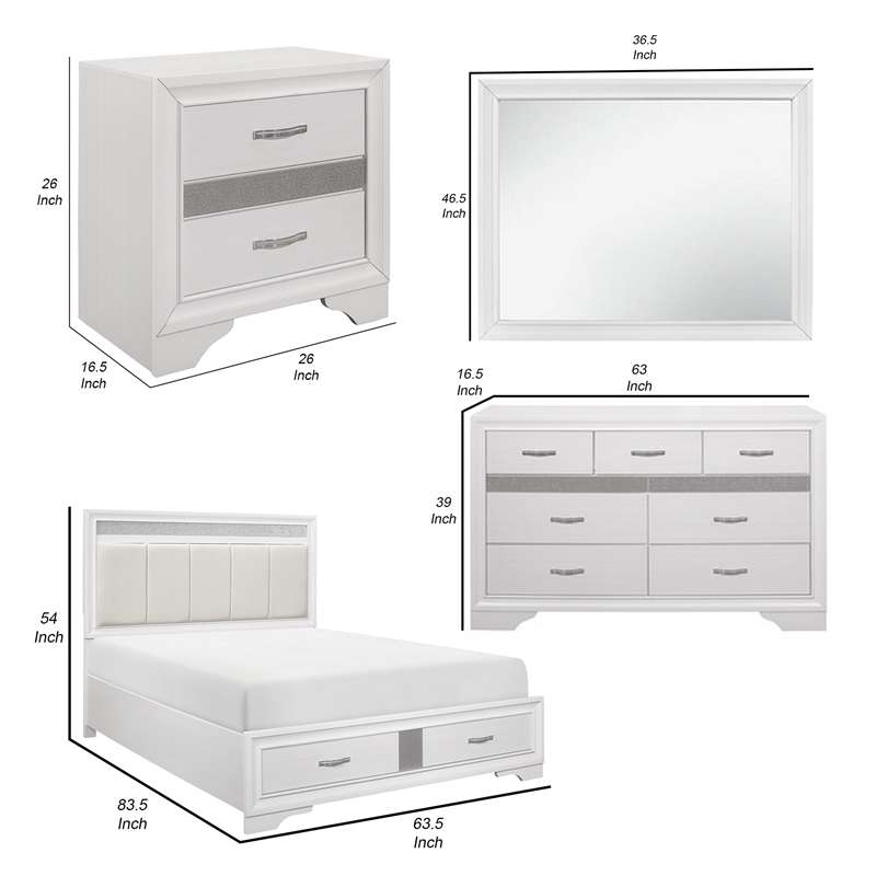 Bowery Hill 4 Piece Queen Bedroom Faux Leather Tufted in Silver and White