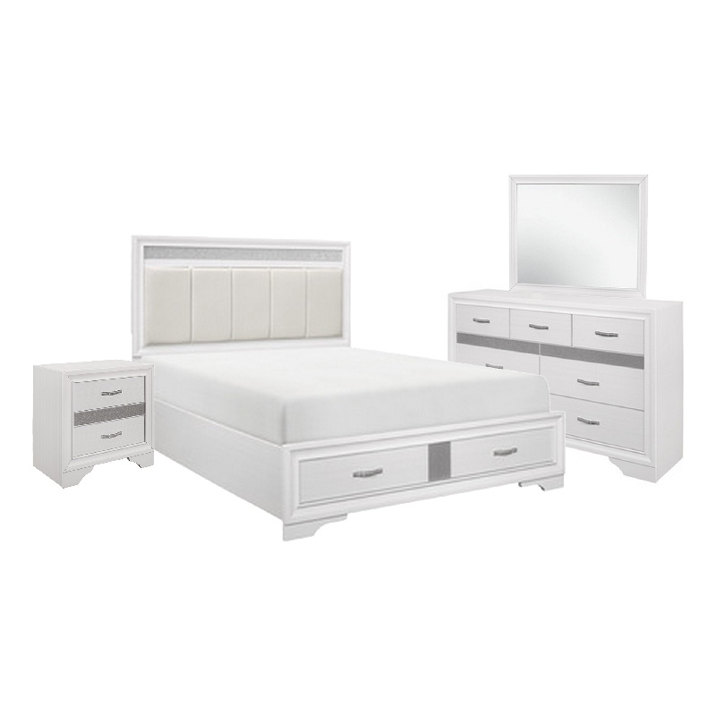 Bowery Hill 4 Piece Queen Bedroom Faux Leather Tufted in Silver and White
