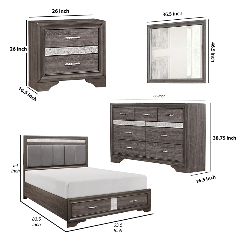 Bowery Hill 4 Piece Queen Bedroom Faux Leather Tufted in Silver and Gray