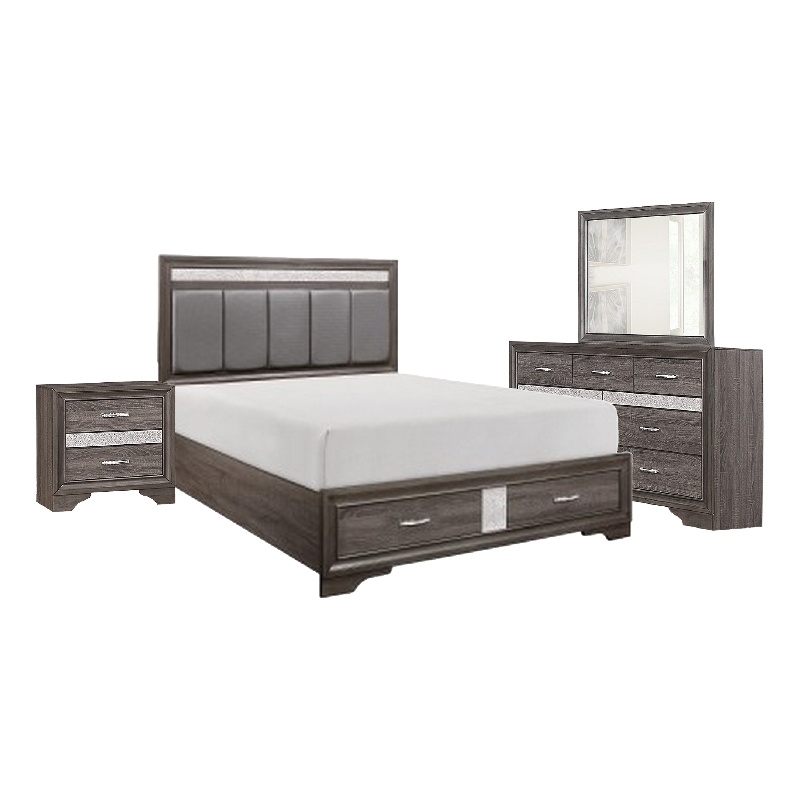 Bowery Hill 4 Piece Queen Bedroom Faux Leather Tufted in Silver and Gray
