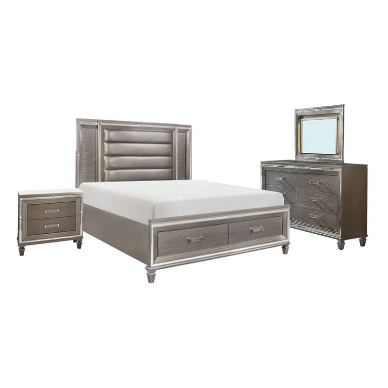 Bowery Hill 4 Piece Queen Bedroom LED Headboard Mirrored Trim in Silver