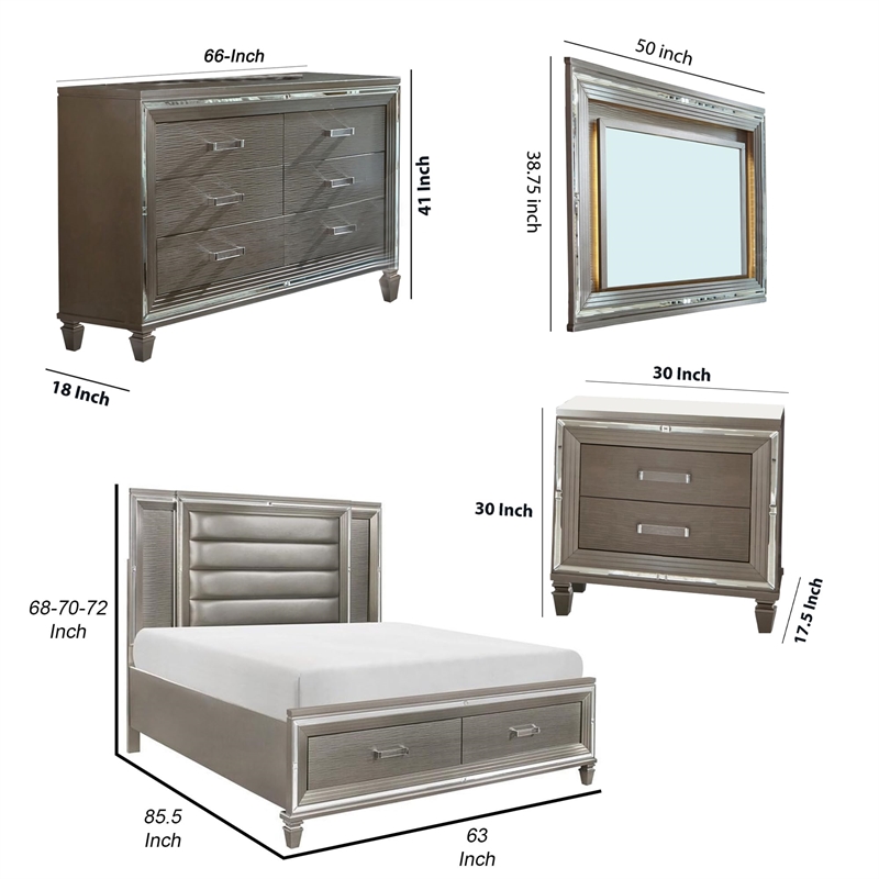 Bowery Hill 4 Piece Queen Bedroom LED Headboard Mirrored Trim in Silver