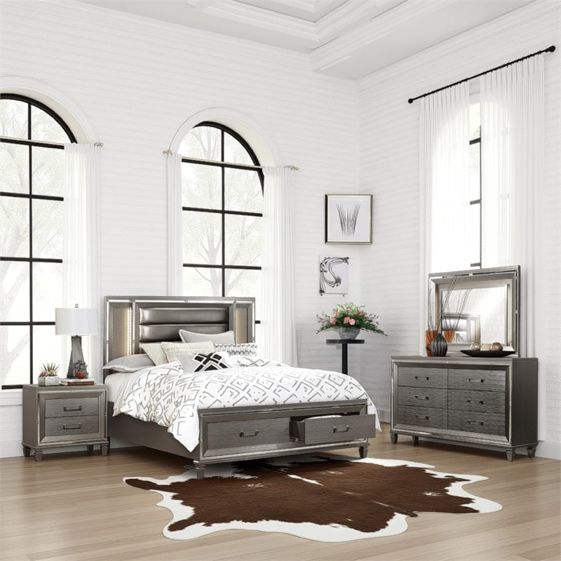 Bowery Hill 4 Piece Queen Bedroom LED Headboard Mirrored Trim in Silver