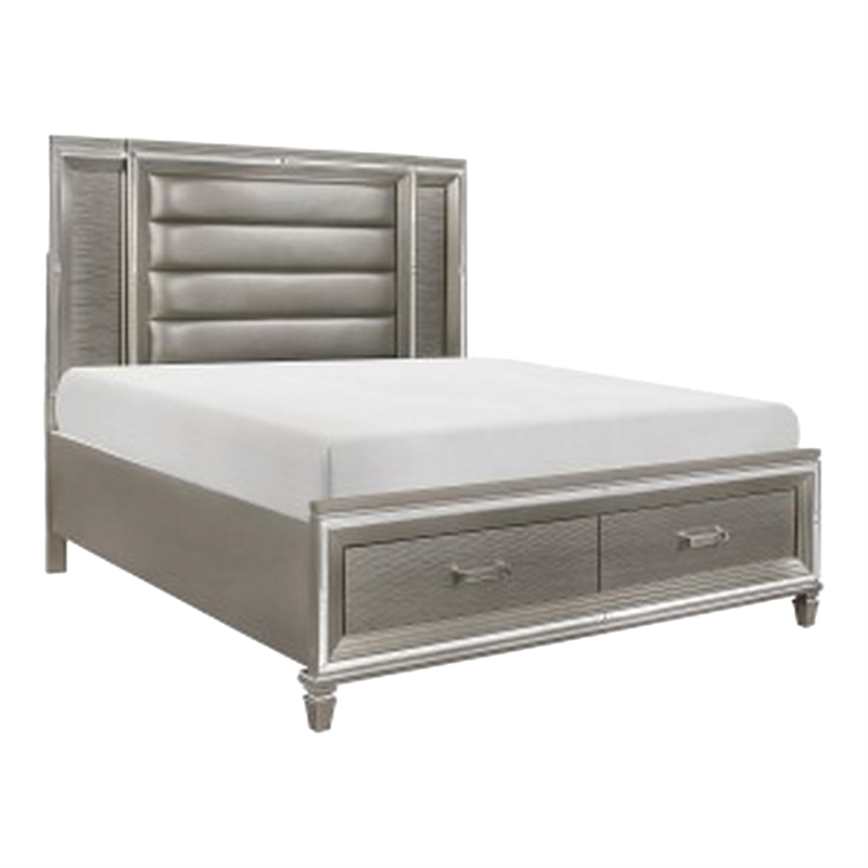 Bowery Hill 4 Piece Queen Bedroom LED Headboard Mirrored Trim in Silver