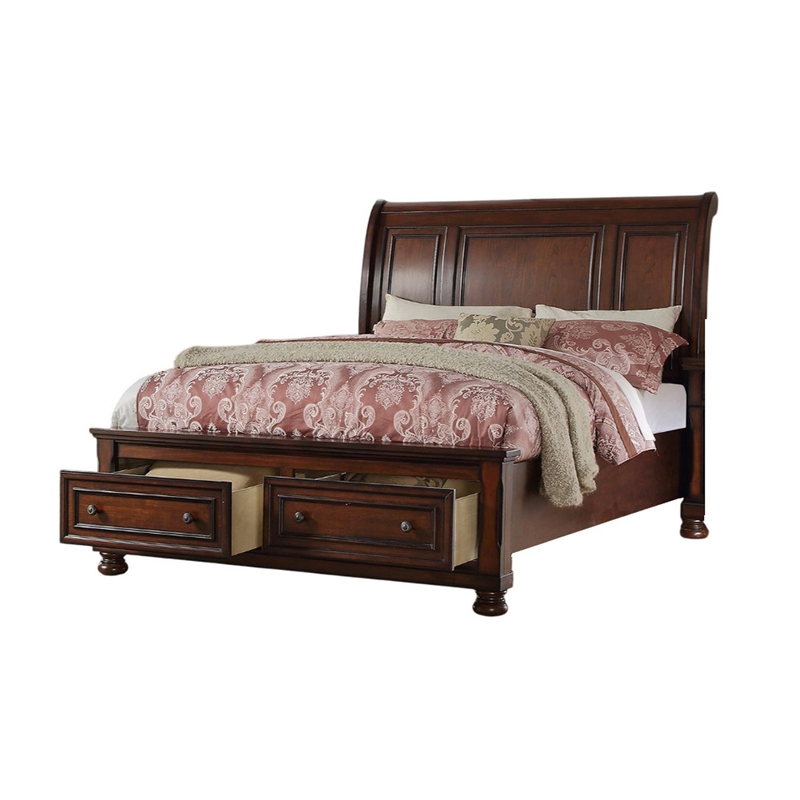 Bowery Hill Wooden Queen Sleigh Bed with Storage in Antique Cherry