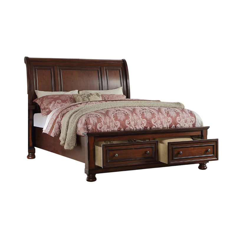 Bowery Hill Wooden Queen Sleigh Bed with Storage in Antique Cherry