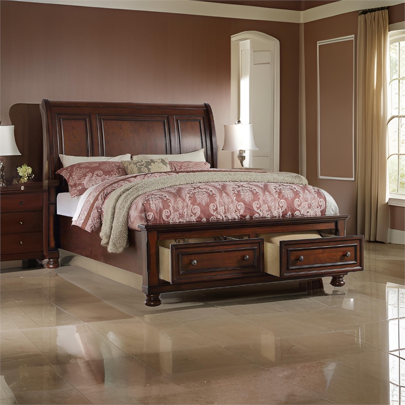 Bowery Hill Wooden Queen Sleigh Bed with Storage in Antique Cherry