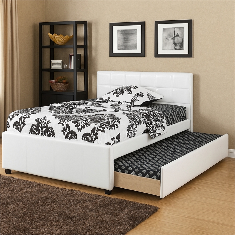 Bowery Hill Wooden Full Bed with Trundle and Tufted Headboard in White