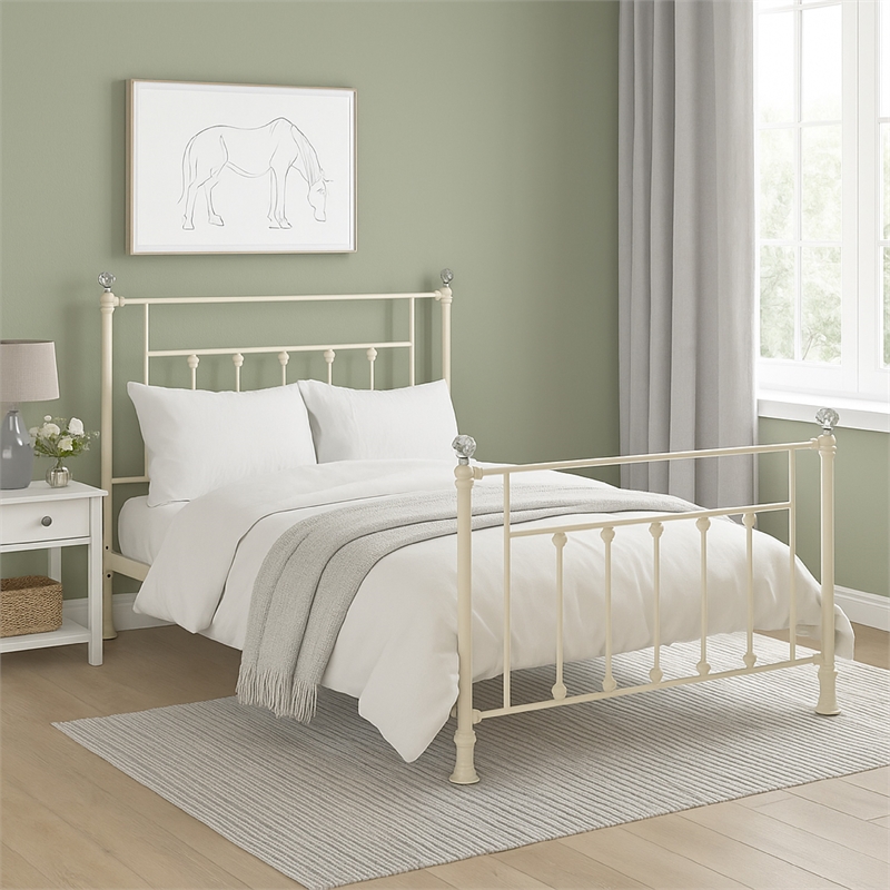 Bowery Hill Rectangular Metal Full Size Bed with Crystal Trims in White