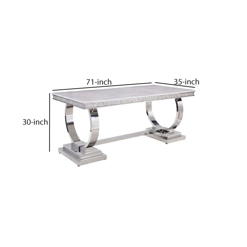 Bowery Hill Dining Table with Circular Metal Accent Base in Silver