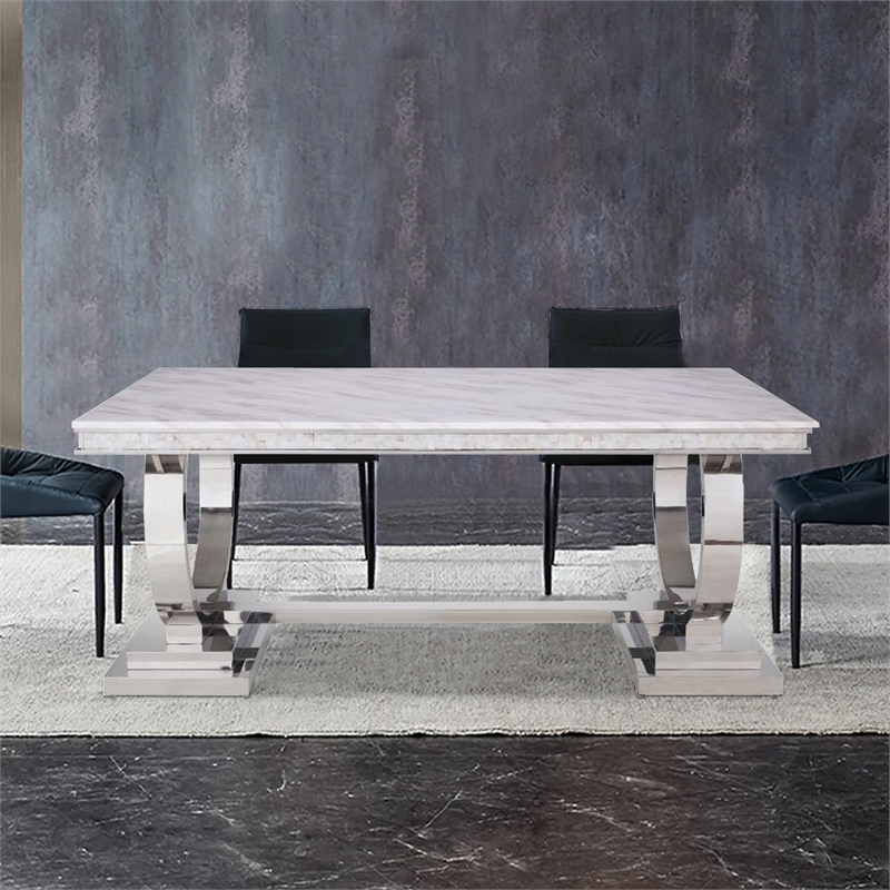 Bowery Hill Dining Table with Circular Metal Accent Base in Silver