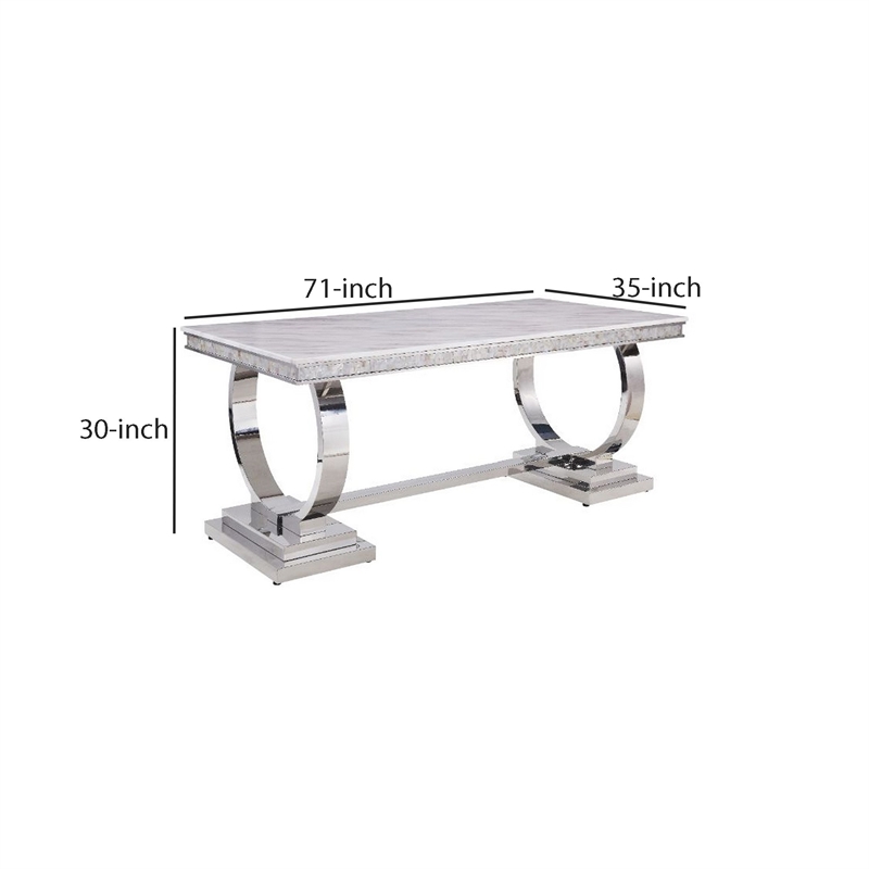 Bowery Hill Dining Table with Circular Metal Accent Base in Silver