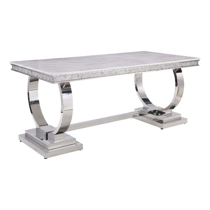 Bowery Hill Dining Table with Circular Metal Accent Base in Silver