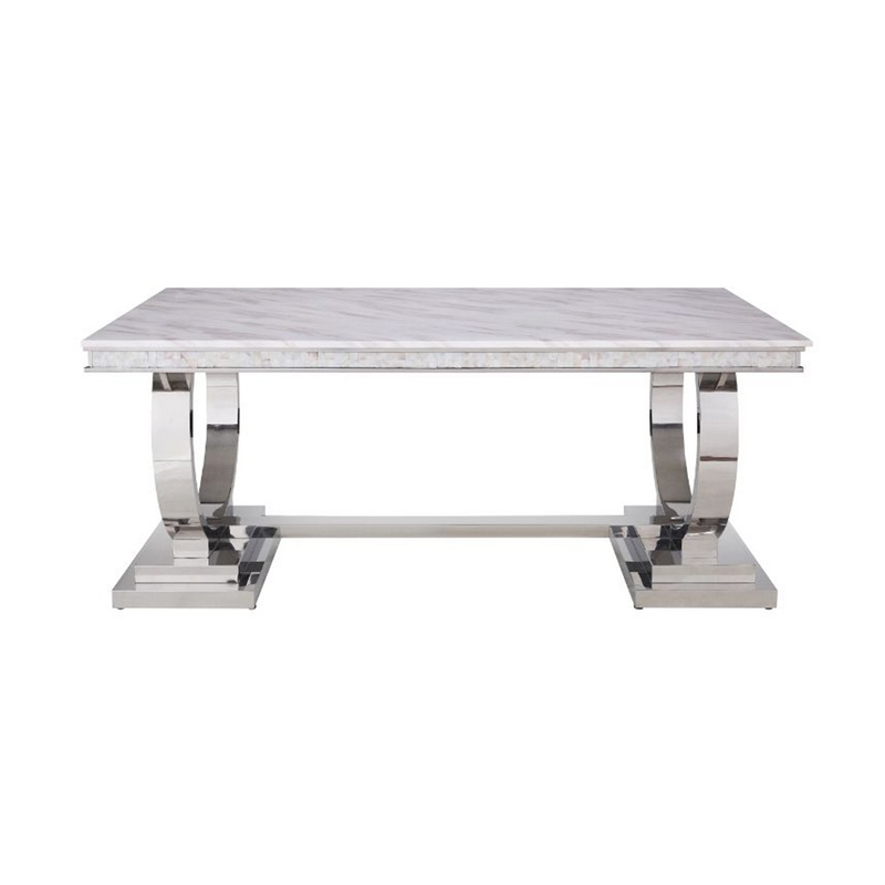 Bowery Hill Dining Table with Circular Metal Accent Base in Silver