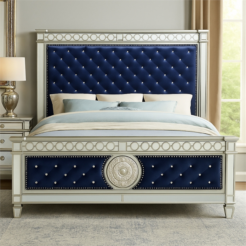 Bowery Hill Queen Bed with Button Tufting and Mirror Trim in Black