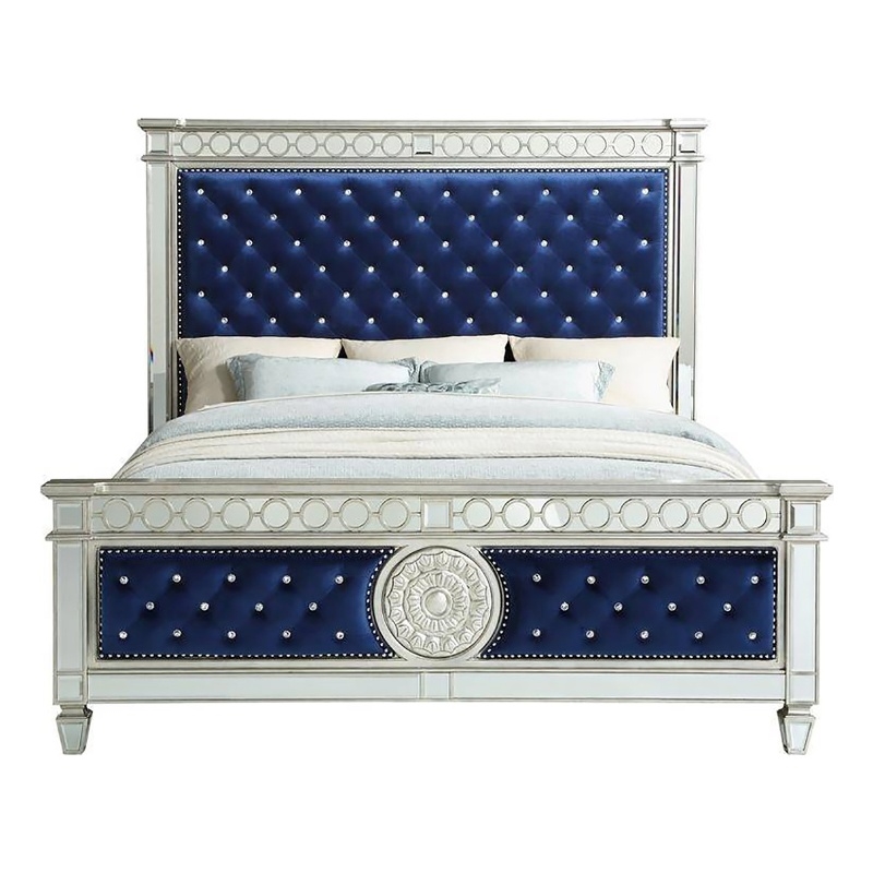 Bowery Hill Queen Bed with Button Tufting and Mirror Trim in Black
