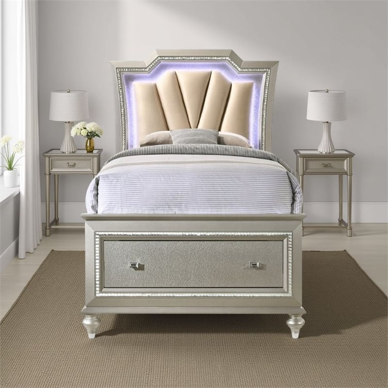 Bowery Hill Full Bed with Drawer and Padded Headboard in Champagne Gold