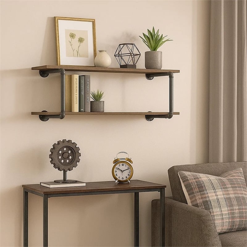 Bowery Hill Antique Metal Framed 2 Tier Wall Rack in Brown and Gray
