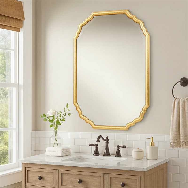 Bowery Hill 32 Inch Curved Design Wooden Vanity Mirror in Gold