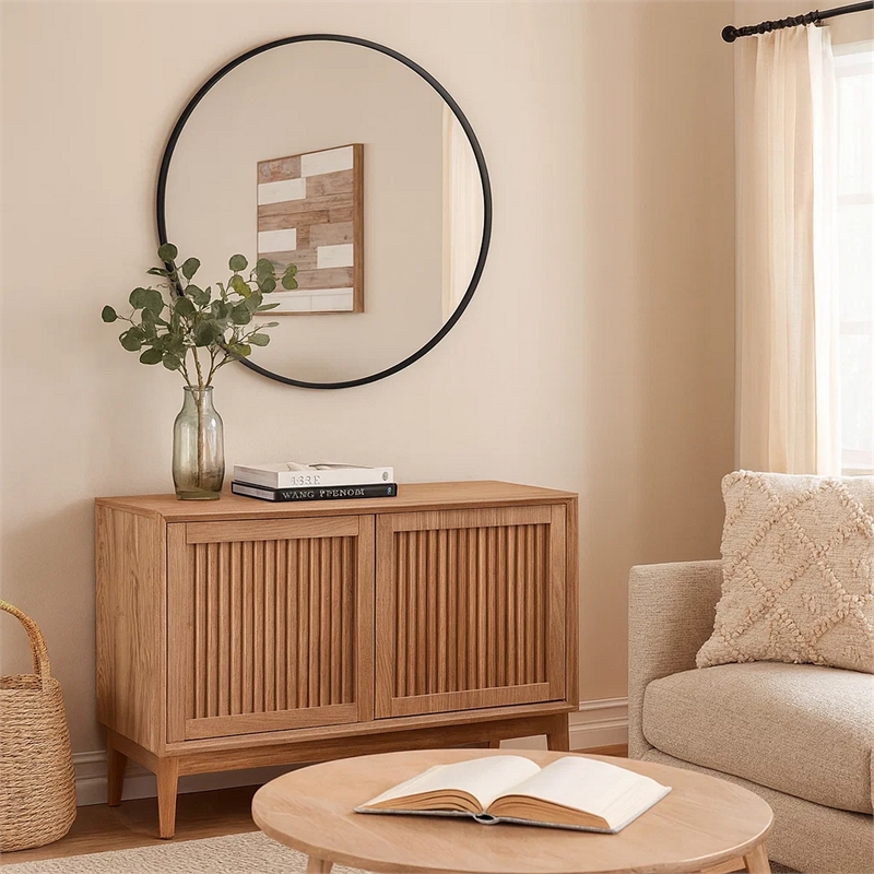 Bowery Hill 43 Inch Round Sleek PVC Frame Wall Mirror in Black