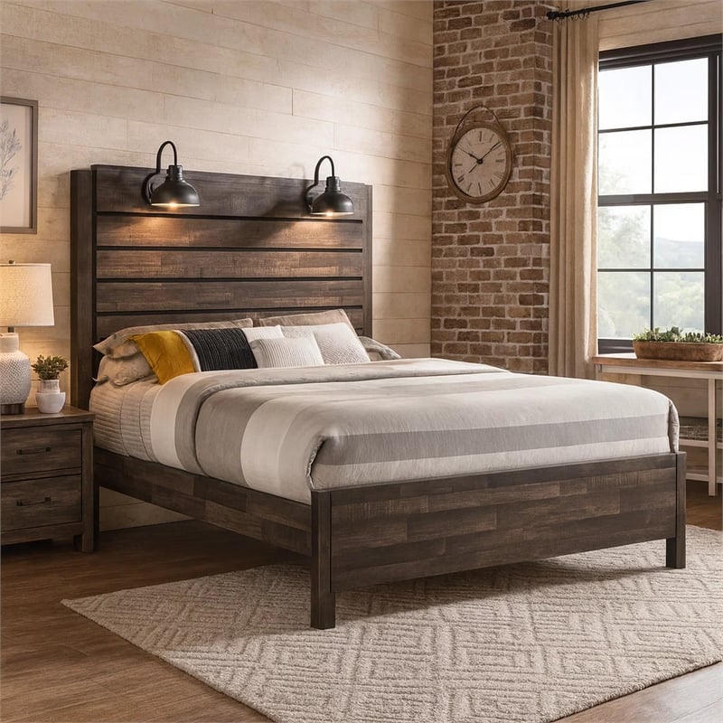 Bowery Hill Queen Bed with Rustic Grain Details and 2 Lanterns in Brown