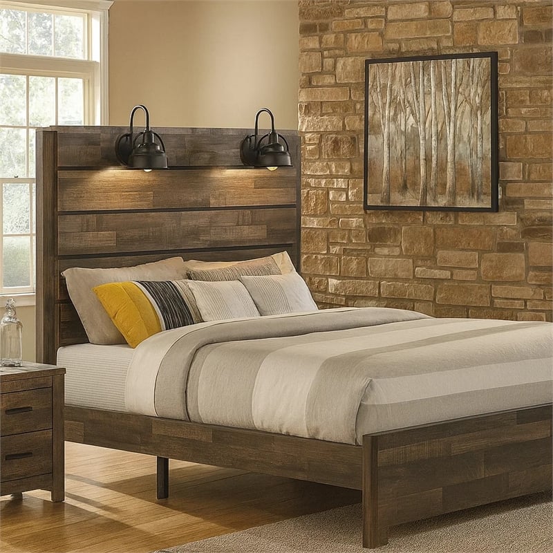 Bowery Hill Queen Bed with Rustic Grain Details and 2 Lanterns in Brown