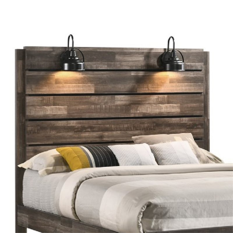 Bowery Hill Queen Bed with Rustic Grain Details and 2 Lanterns in Brown