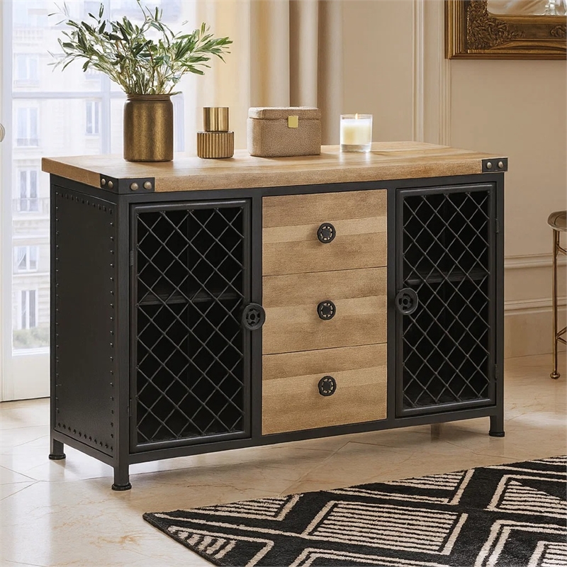 Bowery Hill 50 Inch Wood Sideboard Buffet Cabinet with Mesh Doors in Oak