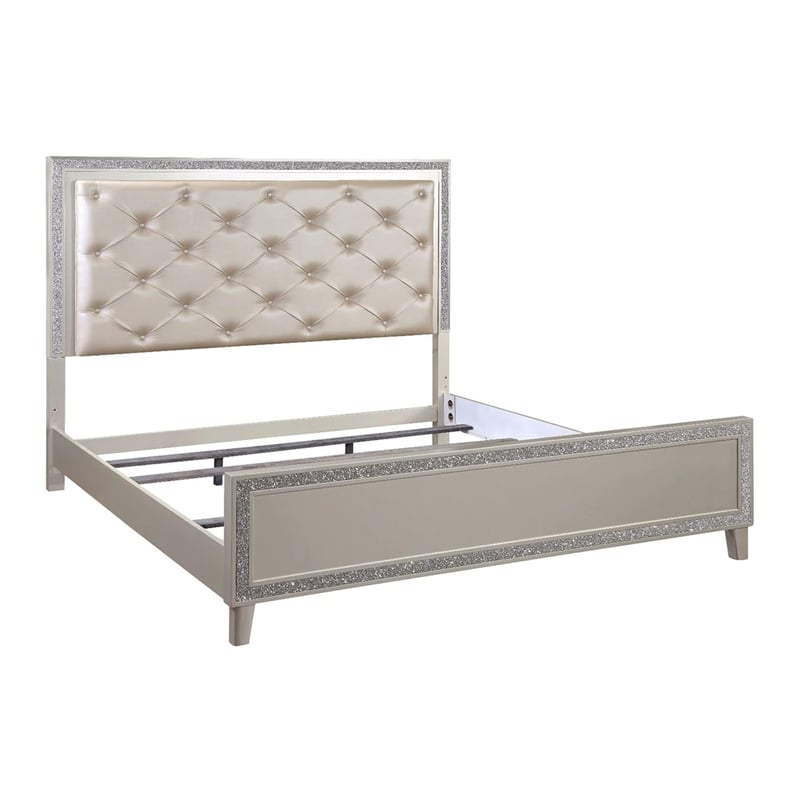 Bowery Hill 2 Drawer Faux Leather Tufted King Bed in Champagne