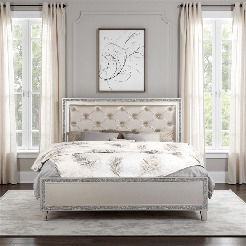 Bowery Hill 2 Drawer Faux Leather Tufted King Bed in Champagne