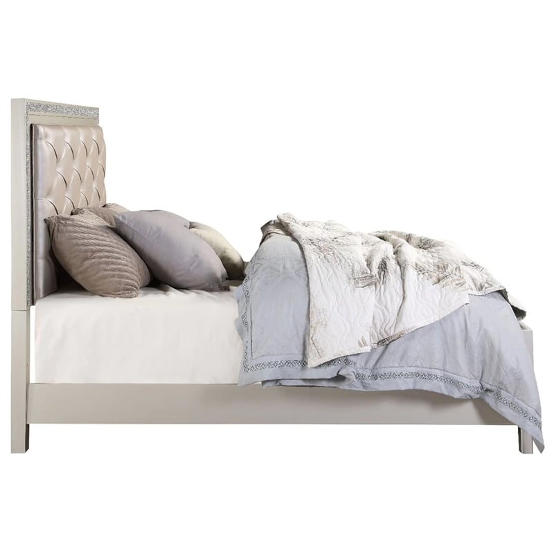 Bowery Hill 2 Drawer Faux Leather Tufted King Bed in Champagne