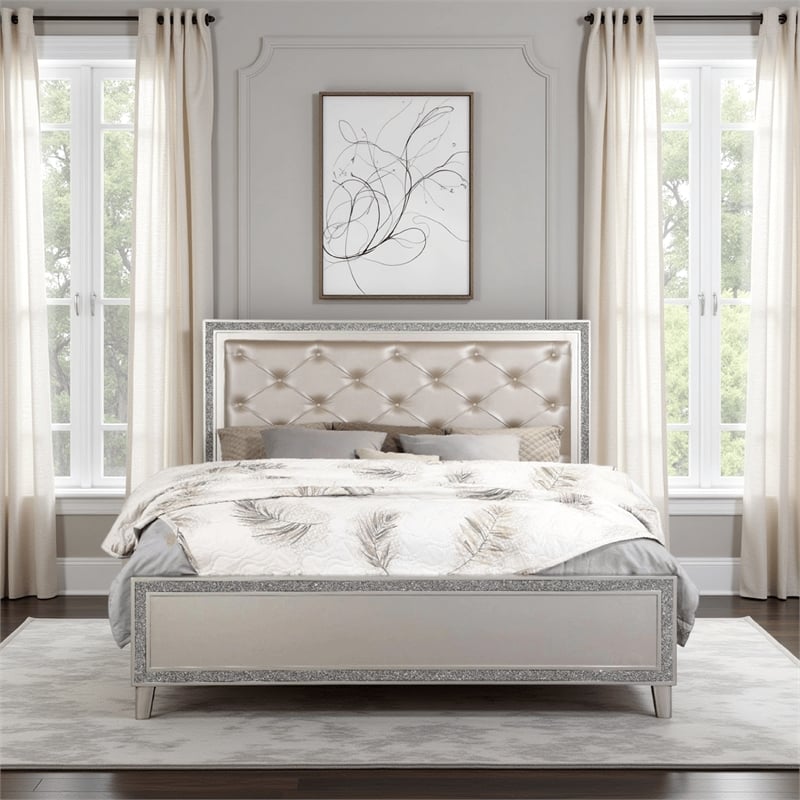 Bowery Hill 2 Drawer Faux Leather Tufted King Bed in Champagne