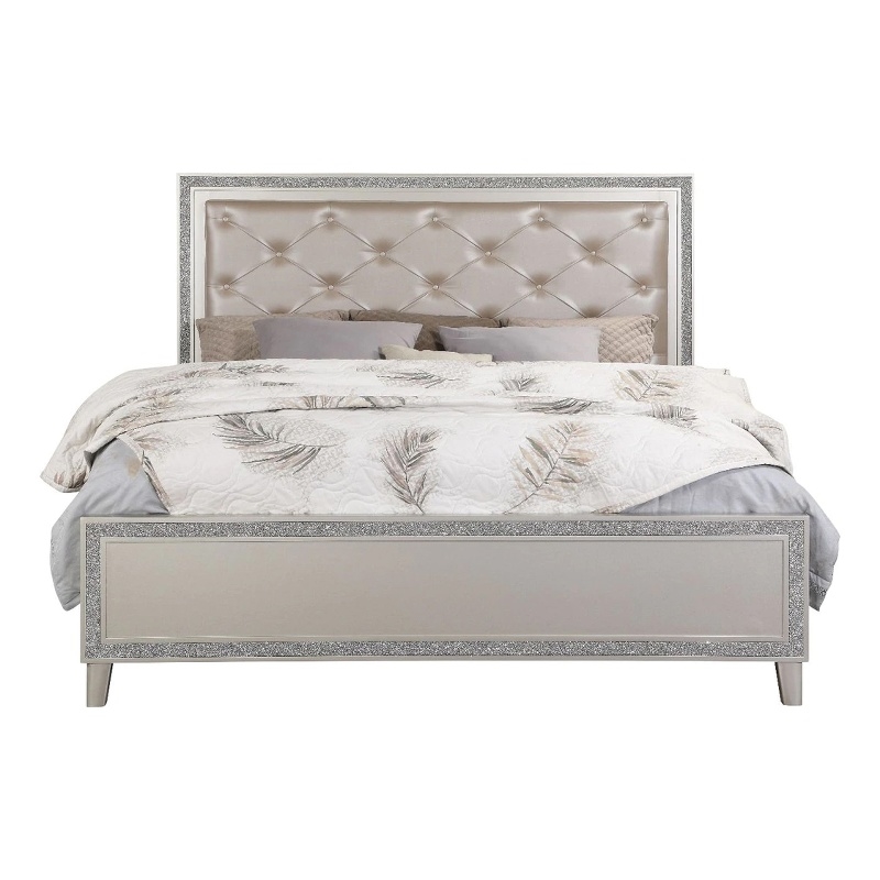 Bowery Hill 2 Drawer Faux Leather Tufted King Bed in Champagne
