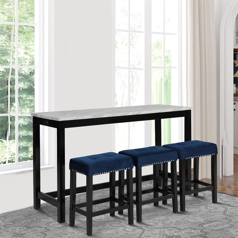Bowery Hill 60 Inch 4 Piece Bar Table Set with Upholstered Stools in Blue