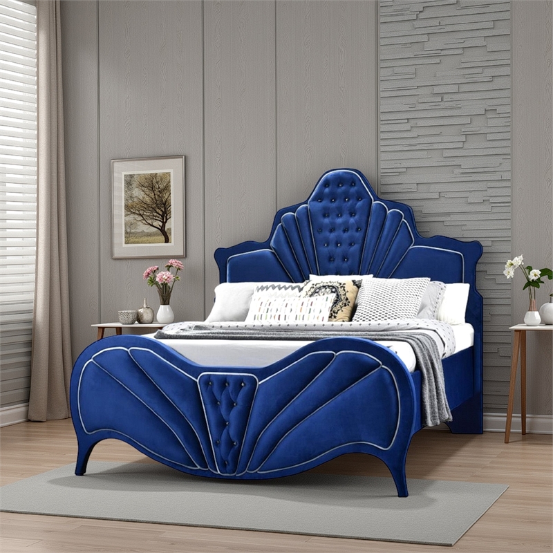 Bowery Hill Velvet Upholstered Channel Tufted Queen Bed in Blue