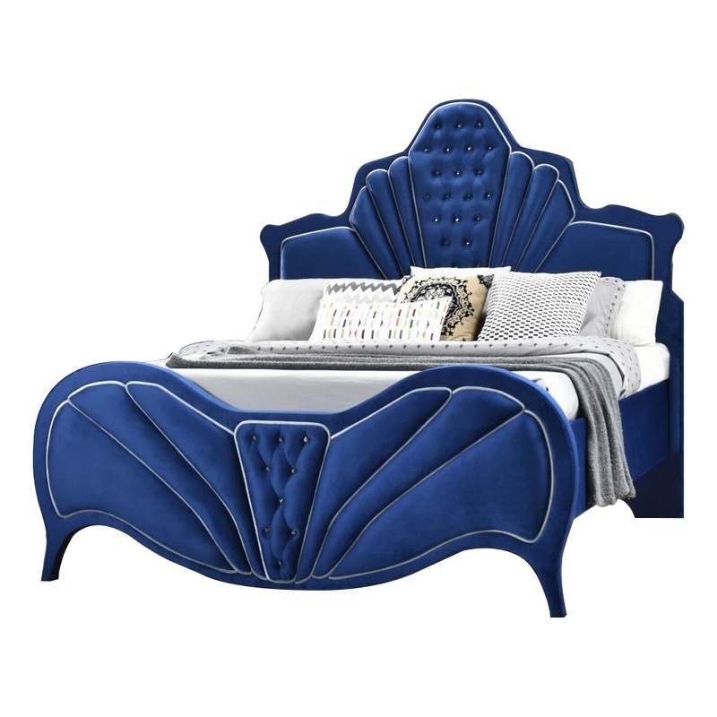 Bowery Hill Velvet Upholstered Channel Tufted Queen Bed in Blue