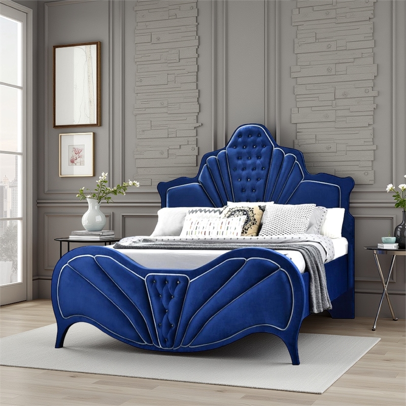 Bowery Hill Velvet Upholstered Channel Tufted Eastern King Bed in Blue