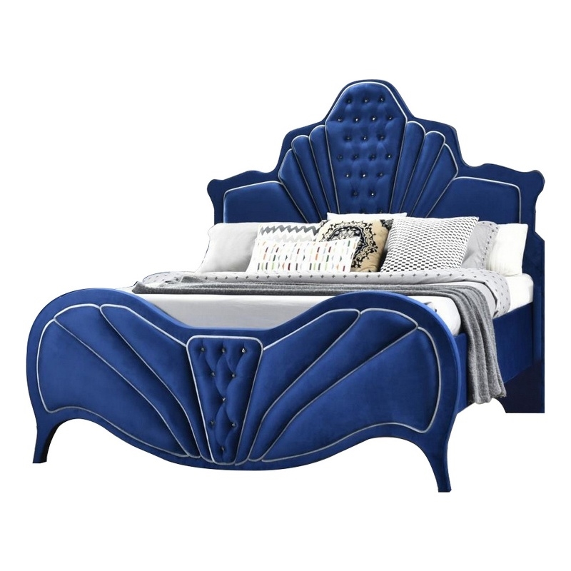Bowery Hill Velvet Upholstered Channel Tufted Eastern King Bed in Blue