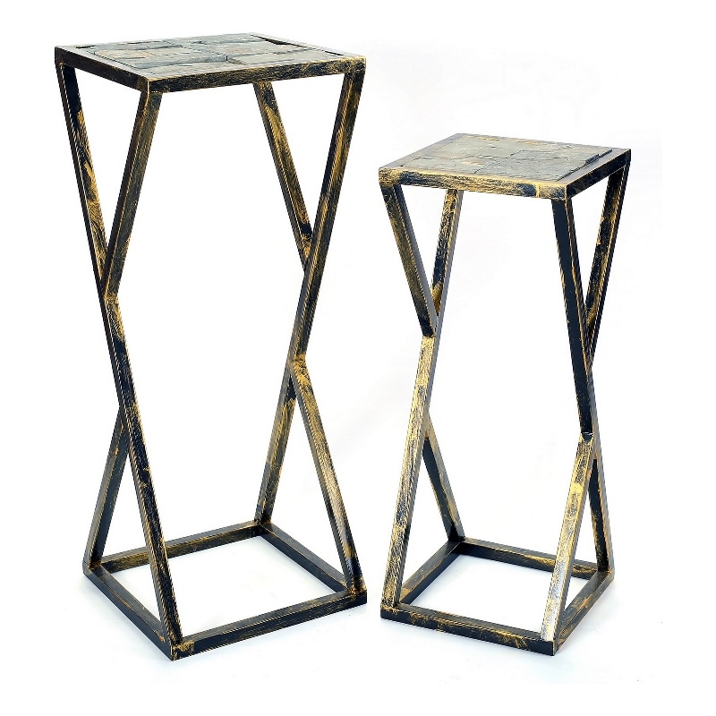 Bowery Hill Stone Top Plant Stand Geometric Base Set of 2 in Black Gray