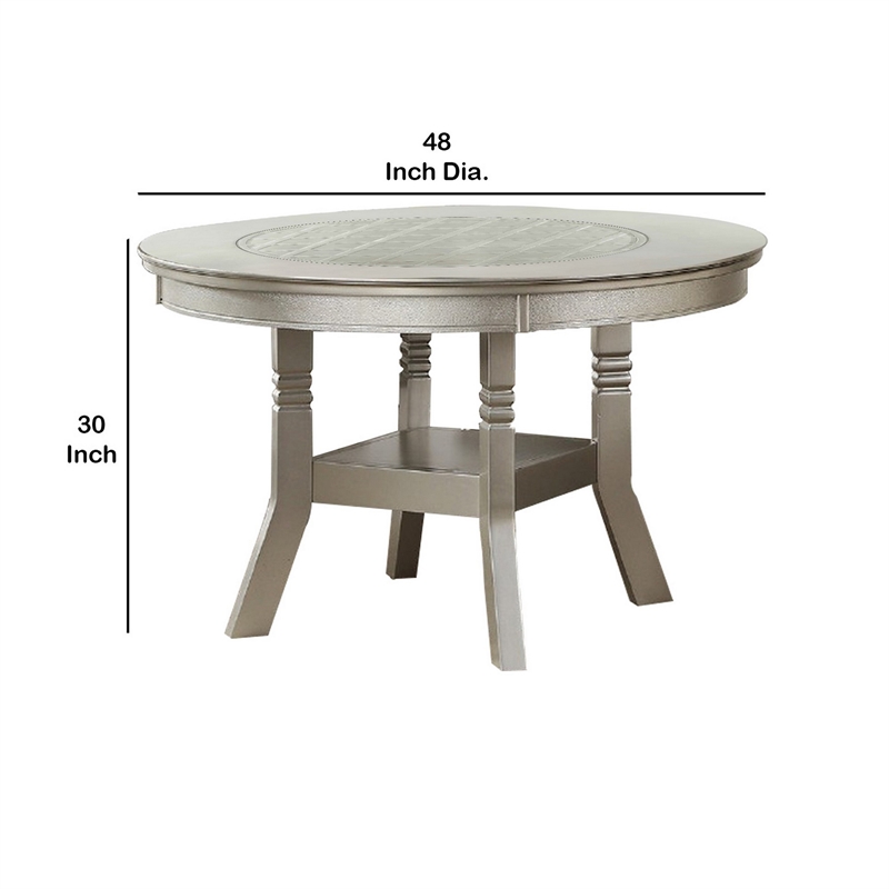 Bowery Hill Round Wooden Dining Table with Glass Inserted Top in Silver