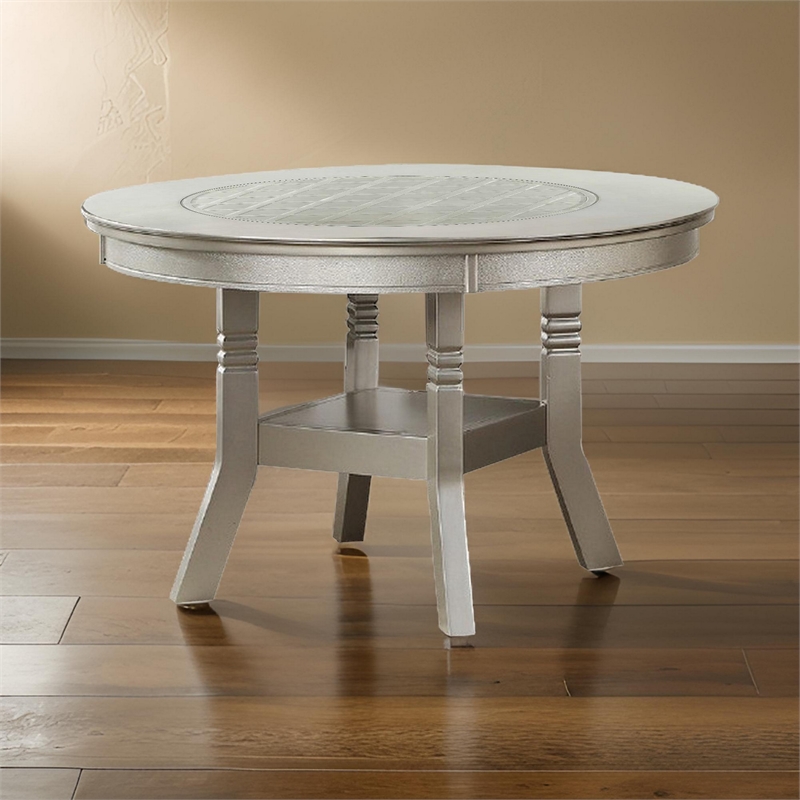 Bowery Hill Round Wooden Dining Table with Glass Inserted Top in Silver