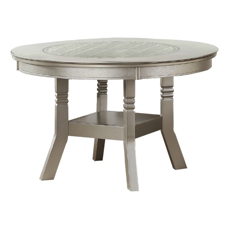 Bowery Hill Round Wooden Dining Table with Glass Inserted Top in Silver