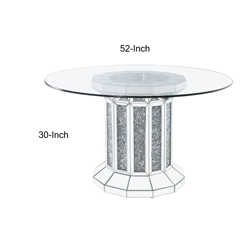 Bowery Hill Round Glass Top Dining Table with Cross Oval Base in Silver